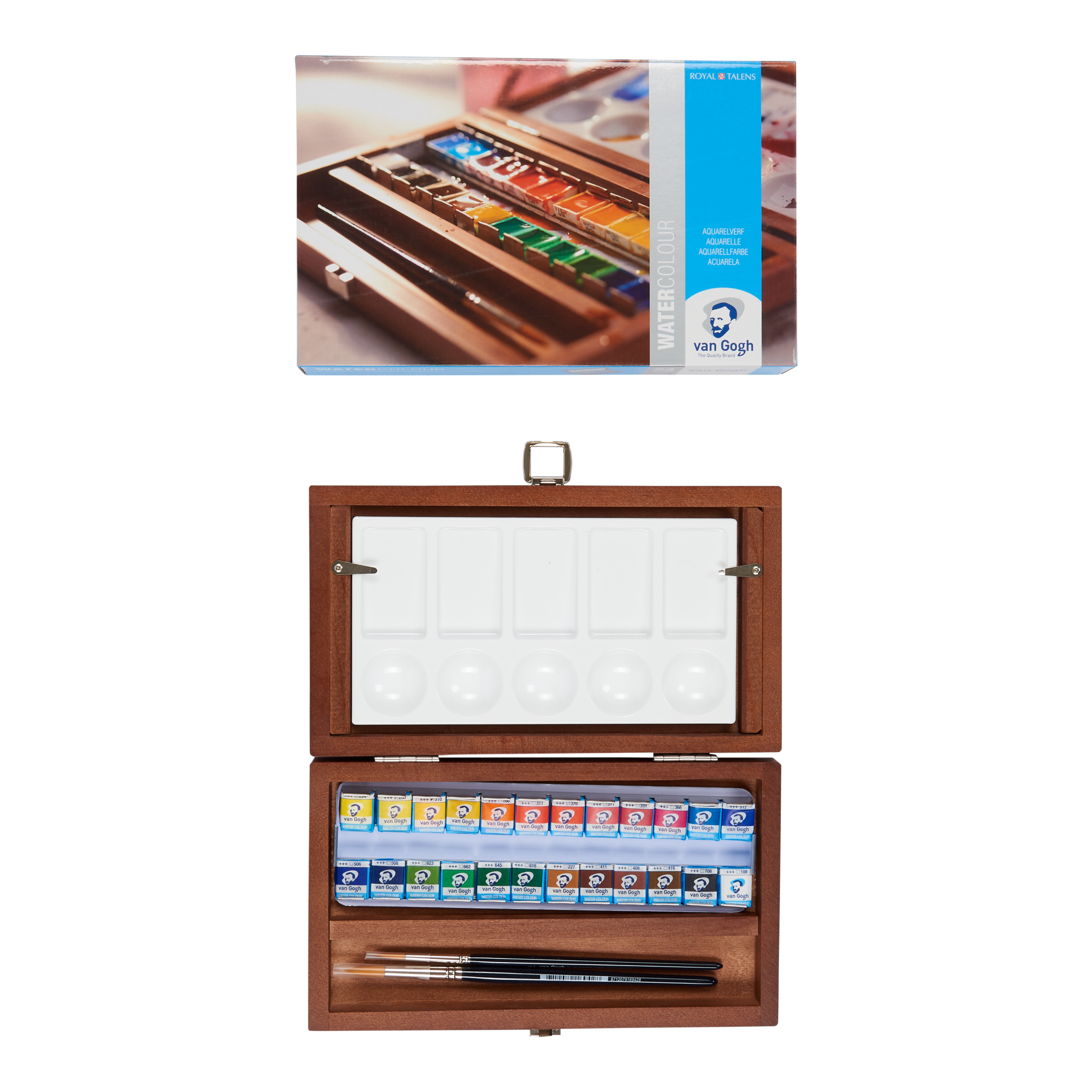 Coffret bois Van Gogh aquarelle - 24 couleurs en demi-godets + 3 accessoires